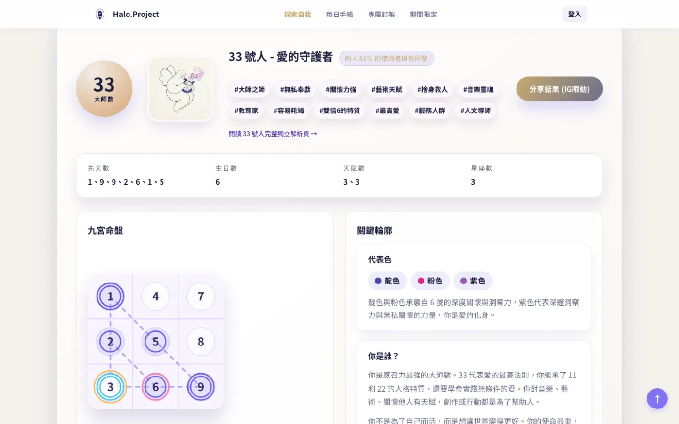 生命靈數計算器的結果畫面，顯示九宮格與配色建議