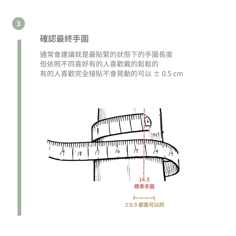第三步：確認最終手圍，鬆緊可差約 0.5 公分